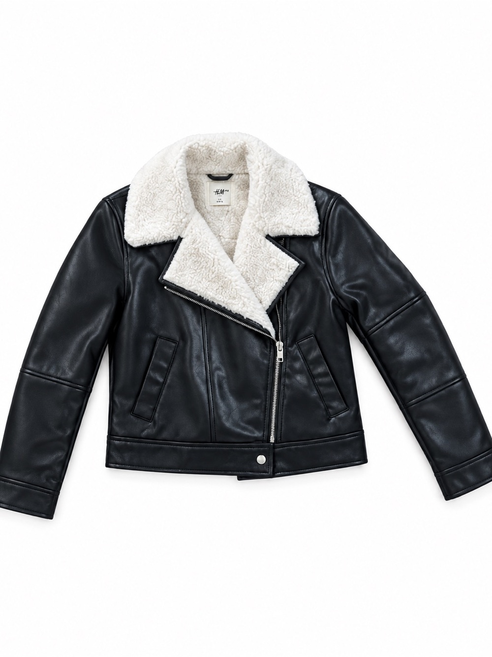 Abercrombie & Fitch Black Faux Leather Bomber Jacket with Cream Shearling Collar